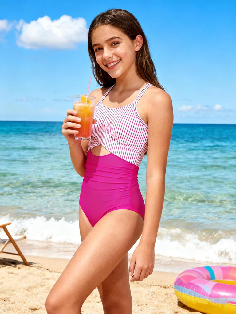Girl Swimsuit One Piece Cutout Ruched Bathing Suit for Girls Color Block Adjustable Straps Pad Swimwear
