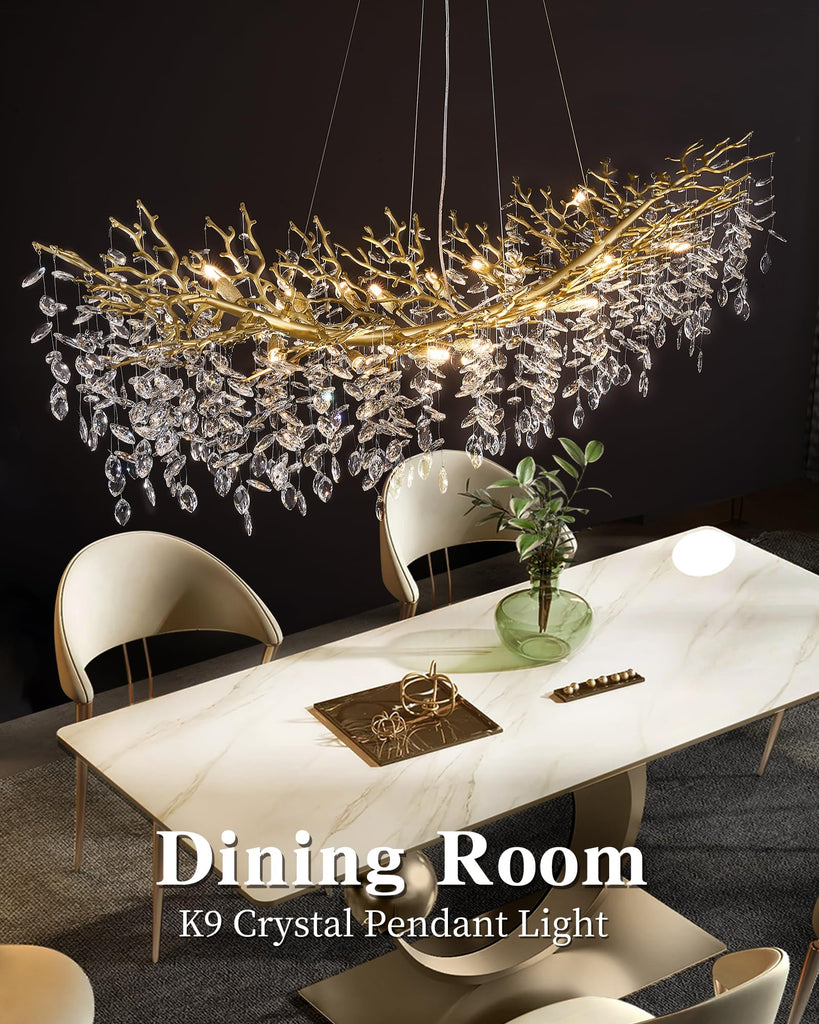 Modern Crystal Chandelier, 16-Light 55.12" Gold Tree Branch Chandeliers, Luxury K9 Crystal Rectangular Chandeliers