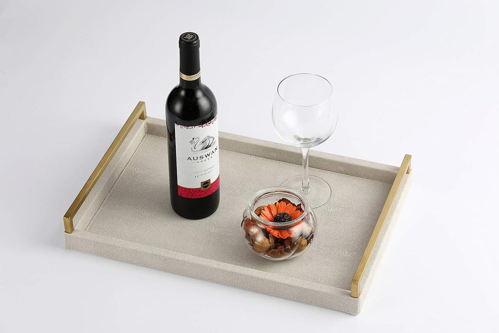 Ivory Shagreen Leather Serving Tray with Gold Handles-17.7x11.8 Inch Large Wooden Decorative Ottoman Tray fro Coffee