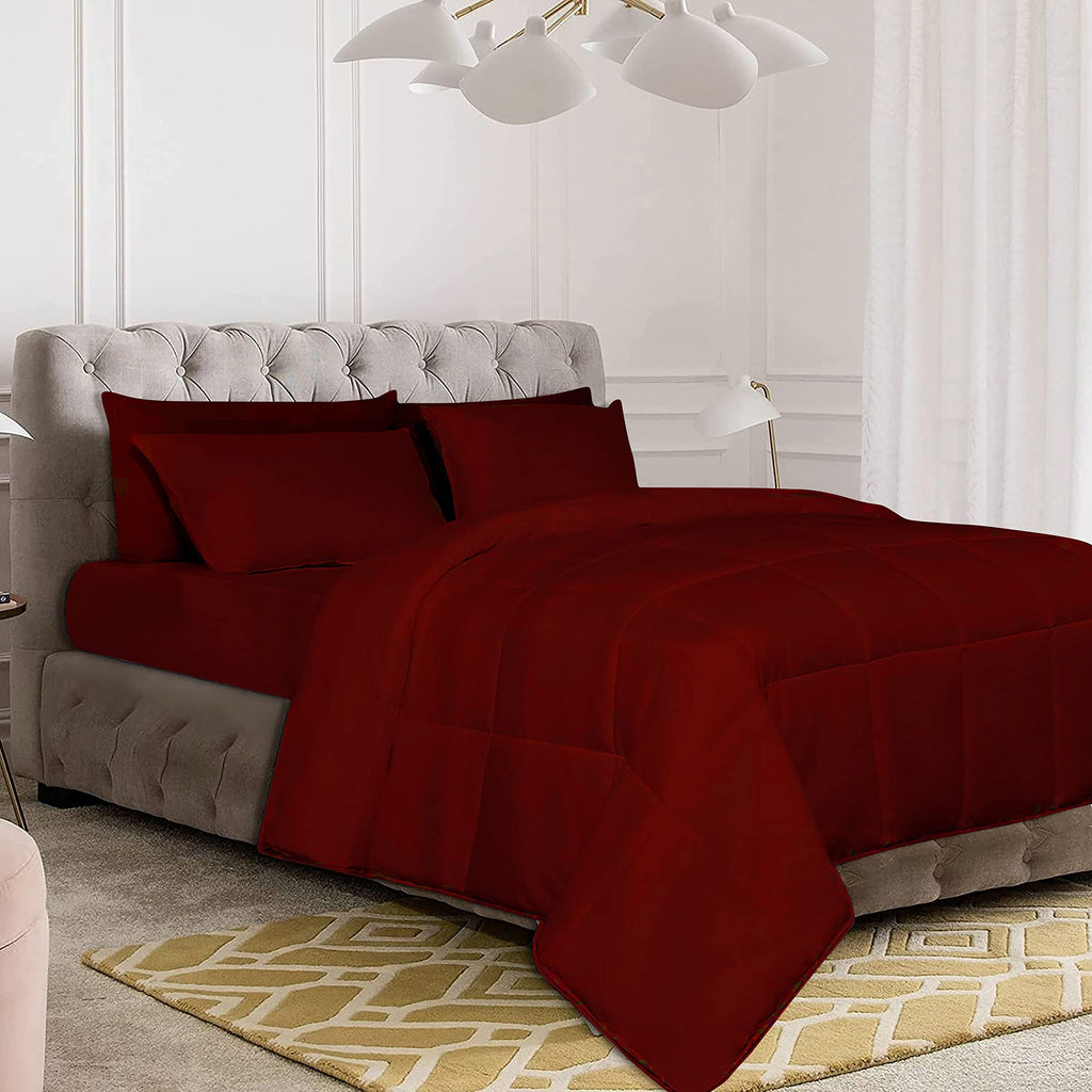 Super King Size 1000 Thread Count | 550 GSM Fiber Fill | Solid Burgundy Down Alternative 5 Piece Box Design Comforter