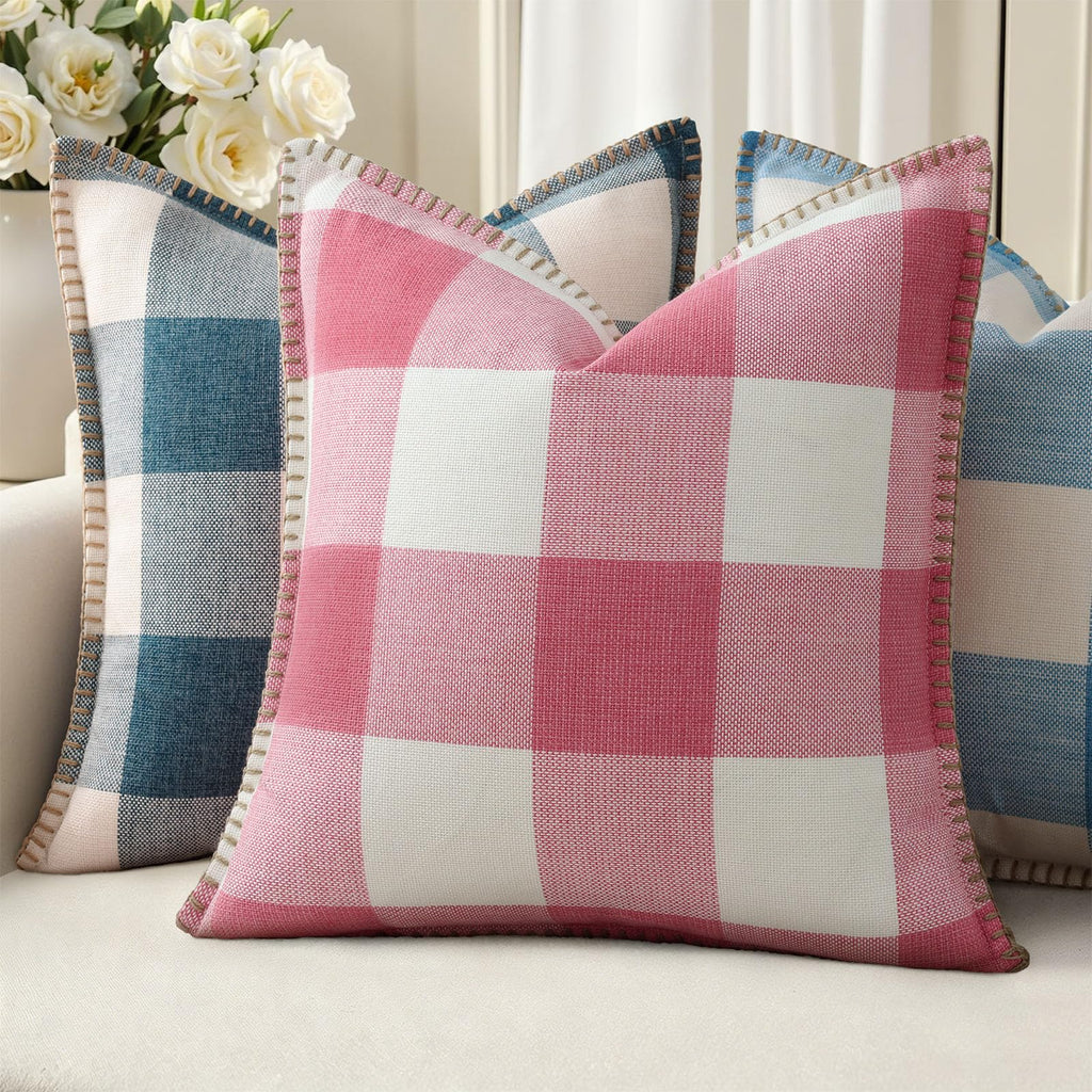 Fall Plaid Linen Throw Pillow Covers 24x24 Set of 2 Dusty Pink