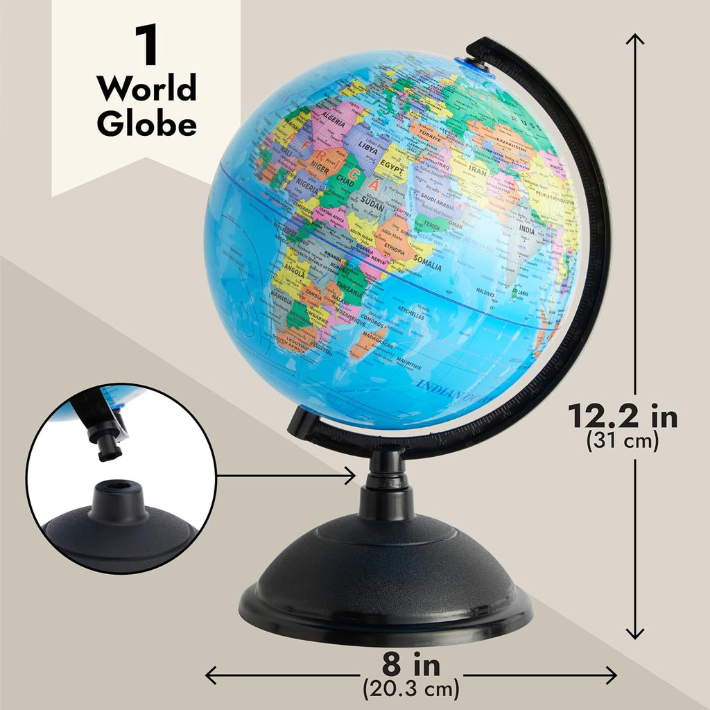 World Globe for Kids - 8-Inch, Multicolor with Plastic Stand - Educational Desk Globe with World Map for Kids &