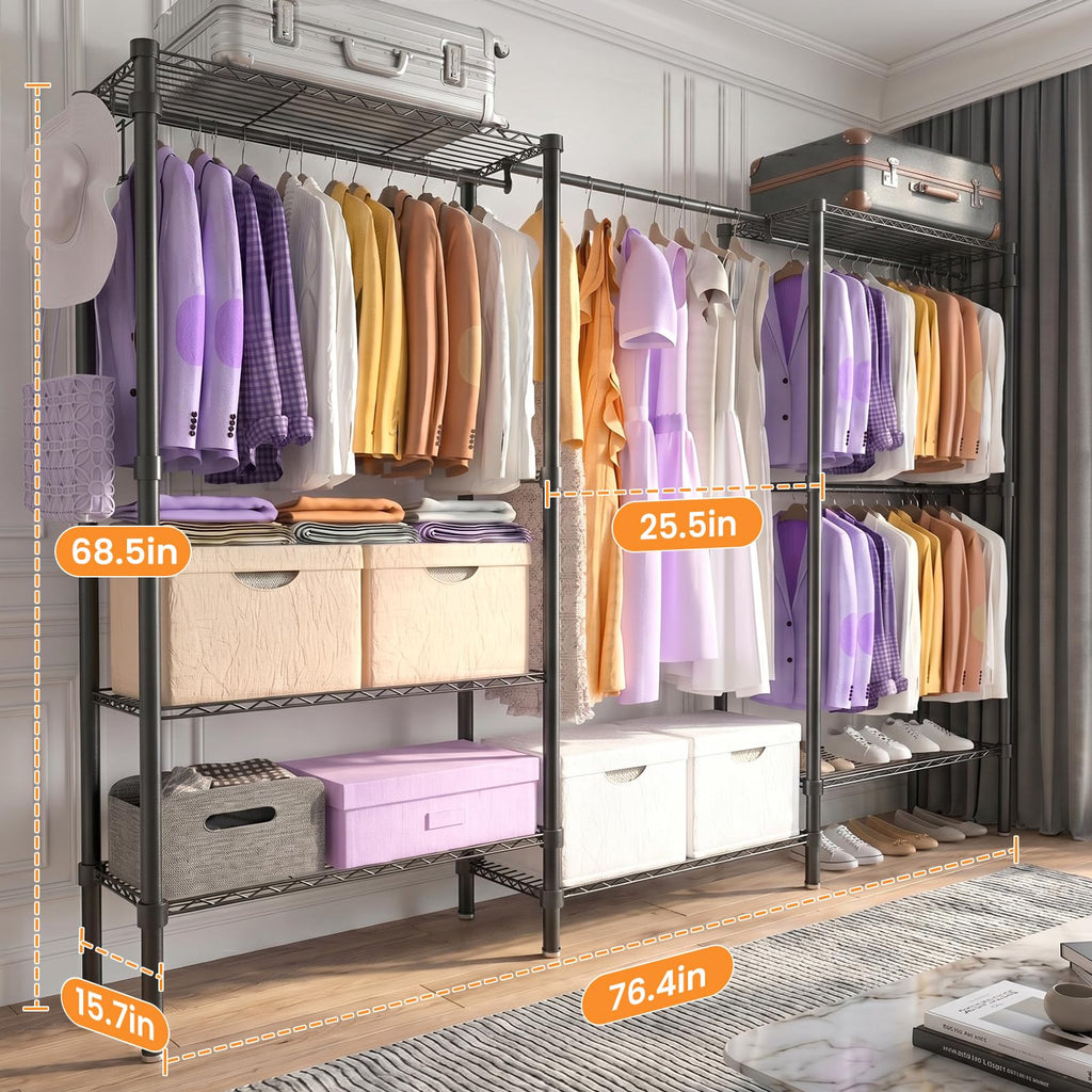 Heavy Duty Clothes Rack, Portable Closets with 6 Rods & 6 Shelves