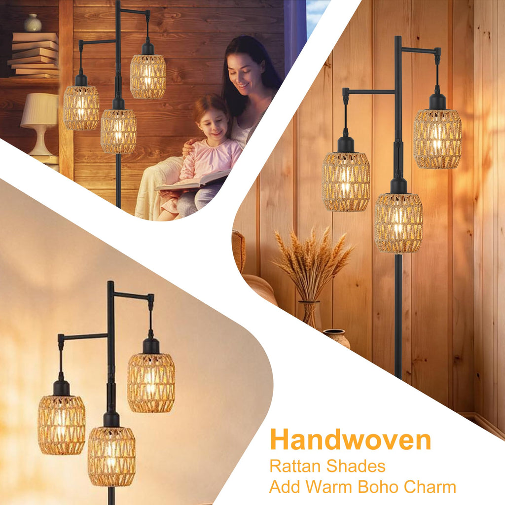 Boho Rattan Tree Floor Lamp, Black Dimmable Standing Lamp