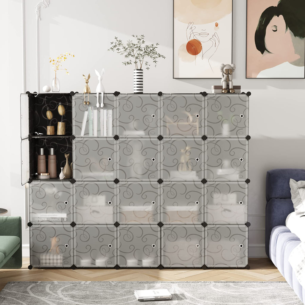 20-Cube Storage Organizer with Door Platic Closet Organizer Black