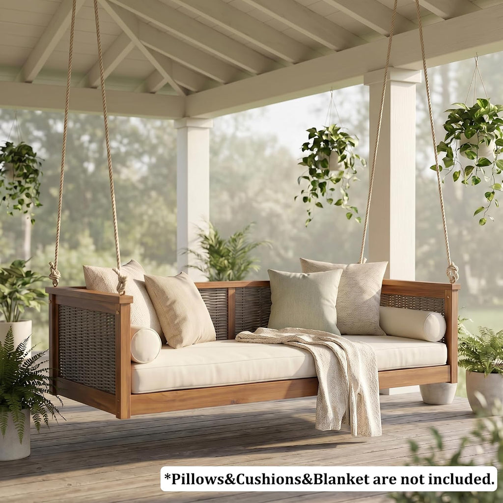 Twin Size Wooden Outdoor Swing Bed, Acacia Wood Porch Swing with Rattan Backrest and Ropes , Backyard & Garden, Teak
