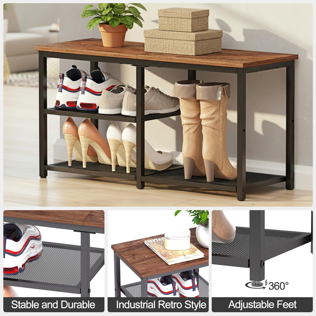 Shoe Bench with Storage, Shoe Rack Organizer, Spacious Wood Top Entryway Bench, with 300 lb Capacity, Rustic Brown