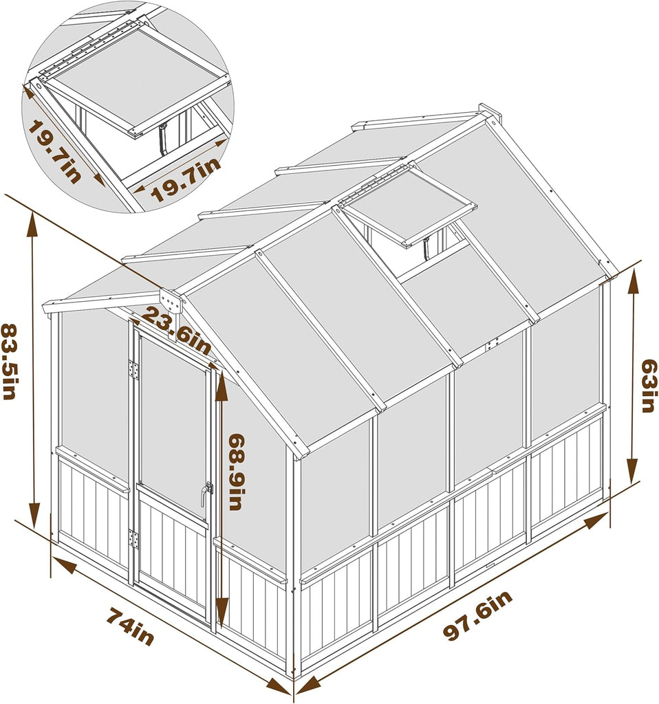 6 x 8 FT Wooden Polycarbonate Greenhouse with Ventilated Window and Lockable Door, 6mm PC Panels for UV Protection