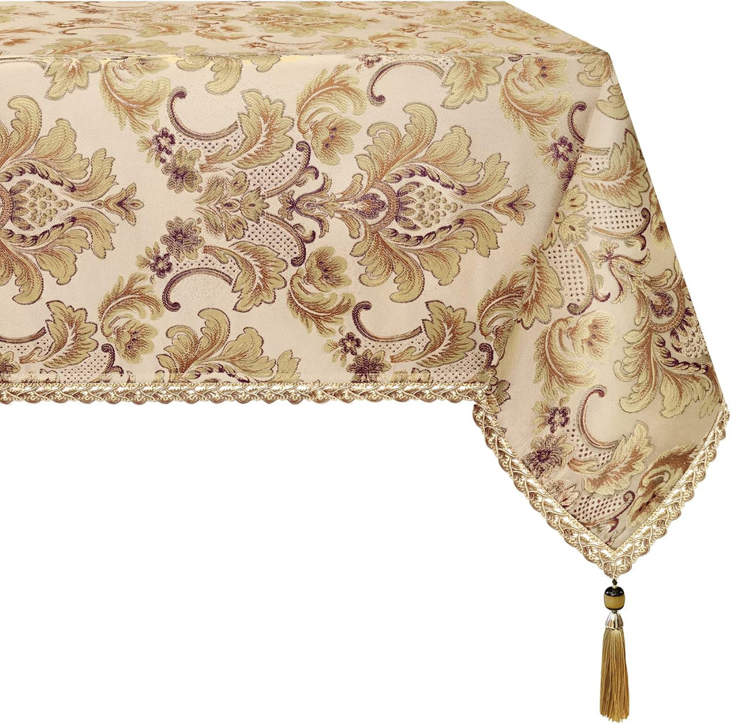 Luxury Rectangle Tablecloth 60 x 84 Inches, Elegant Damask Golden Floral Table Cover with Handmade T