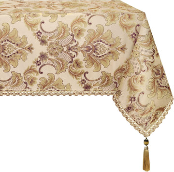 Luxury Rectangle Tablecloth 60 x 84 Inches, Elegant Damask Golden Floral Table Cover with Handmade T