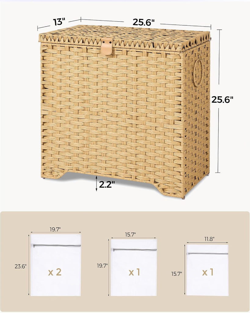 130L Wicker Laundry Hamper with Lid, 3-Section Laundry Basket | 3 Removable Liner Bags; 4 Included Mesh Laundry Bags;