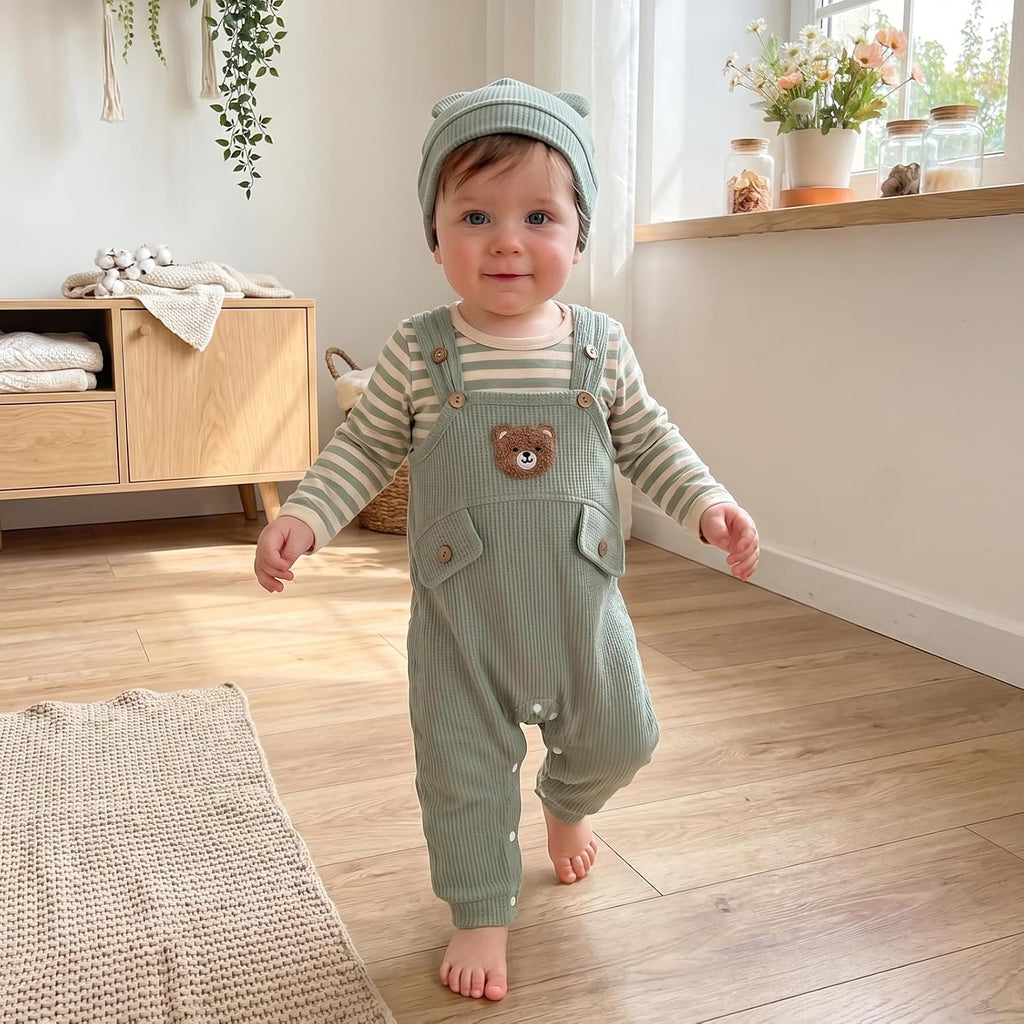 Baby Boy Clothes Infant 3pcs Outfit Set Long Sleeve Striped Romper Bear Embroidery Overall Suspender Pants Hat Sets