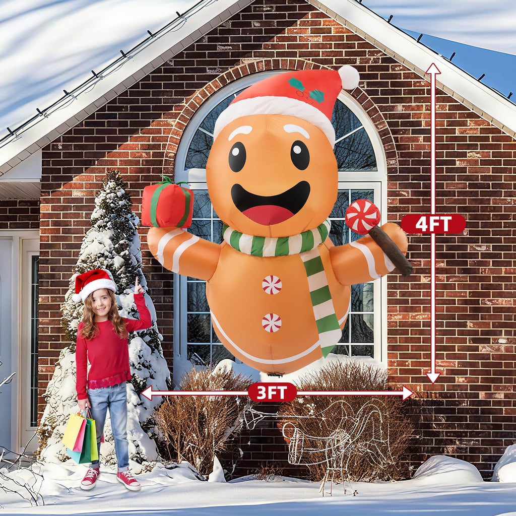 4FT Christmas Inflatables Gingerbread Man Lean Out from Window Outdoor Decorations, Christmas Window Inflatable