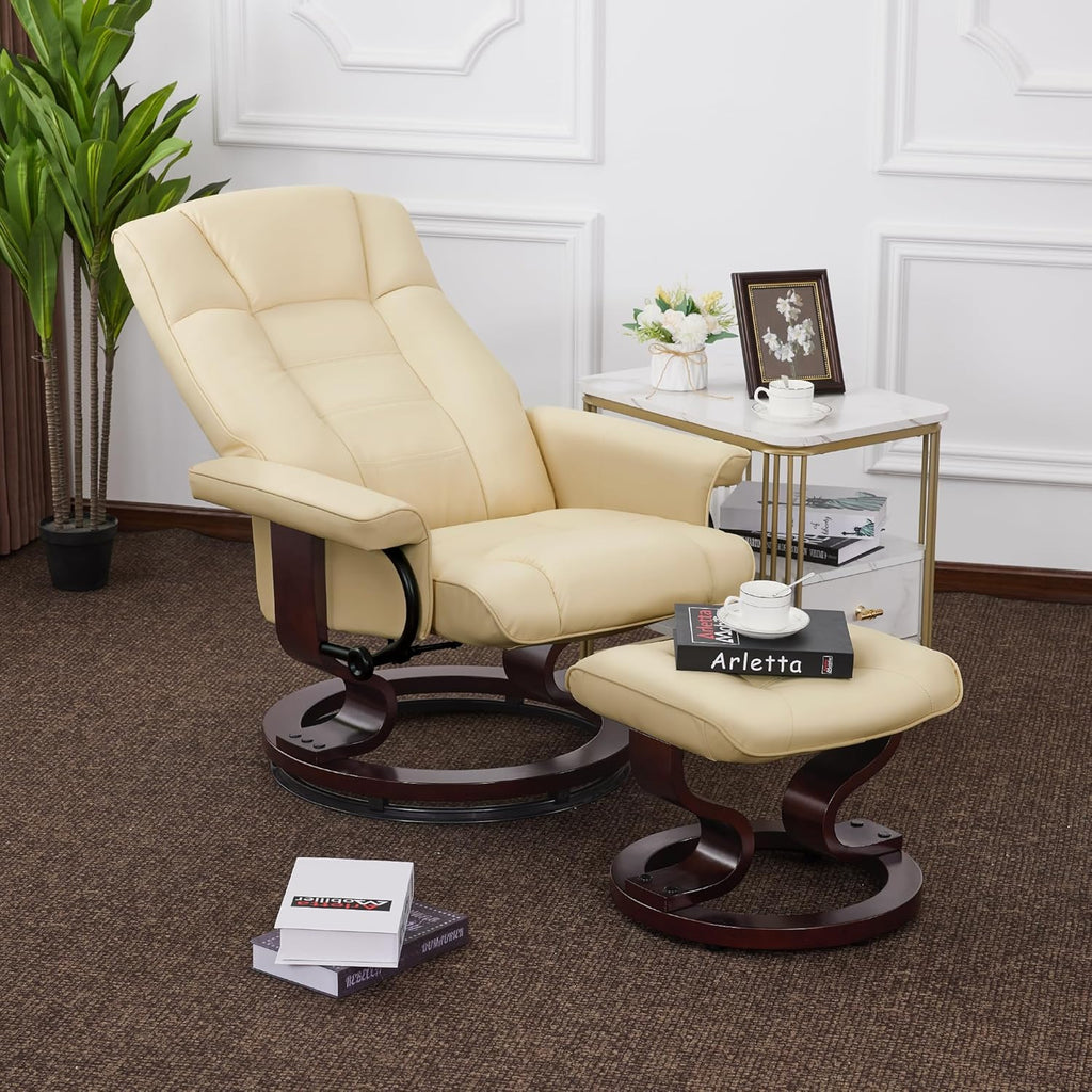 Modern Reclining Swivel Lounge Chair and Ottoman — White Faux Leather