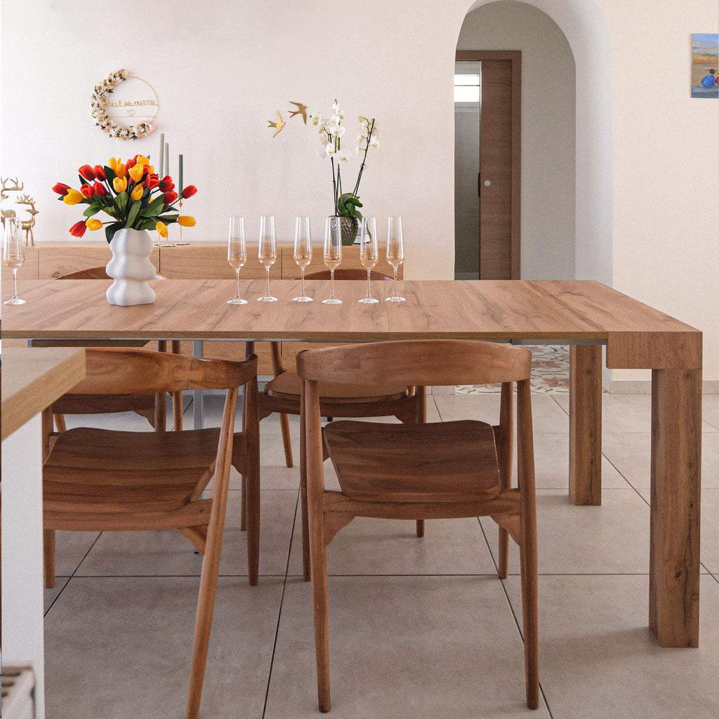 First, Extendable Console Table 17.7(120) x35.4 in, Rustic Oak, for 4-14 People, Space-Saving Dining Table, Italian