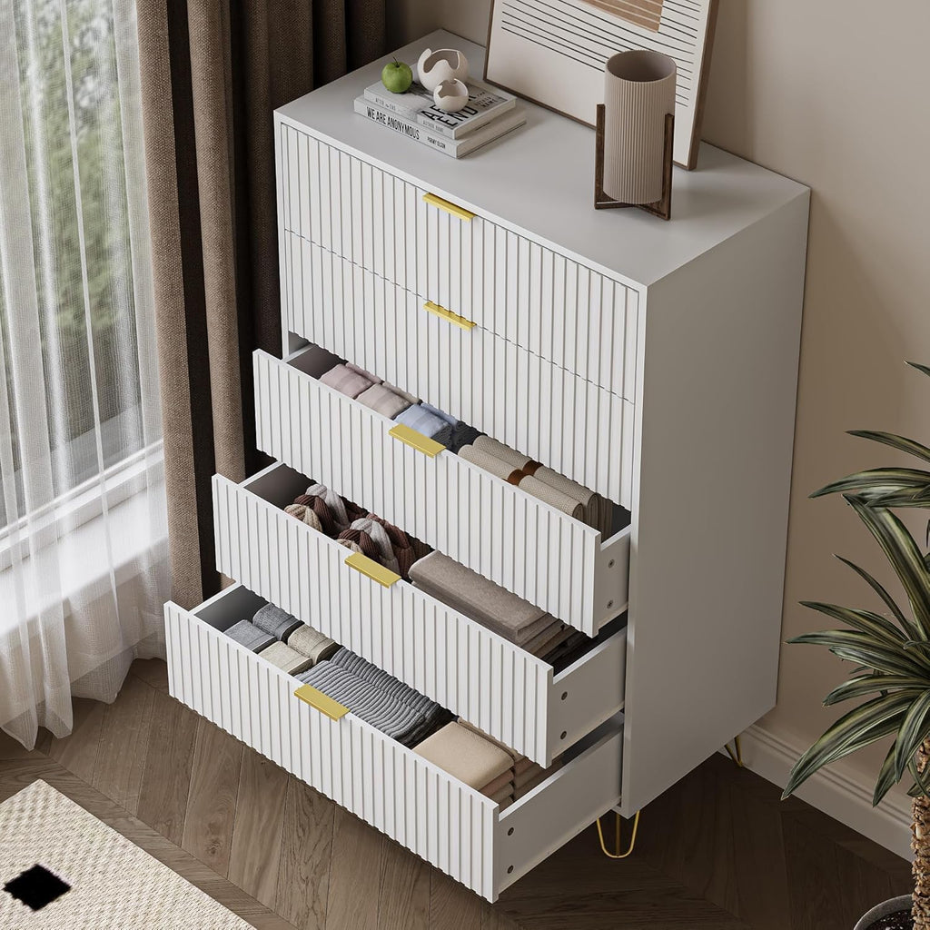 White 5 Drawer, Fluted with Gold metal Handles