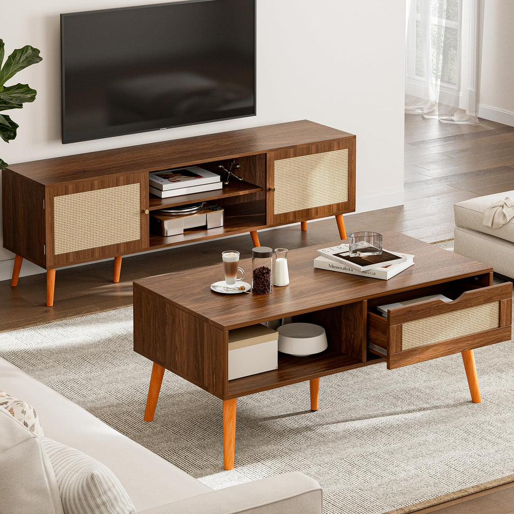 Rattan Coffee Table with Drawer, Mid-Century, Walnut