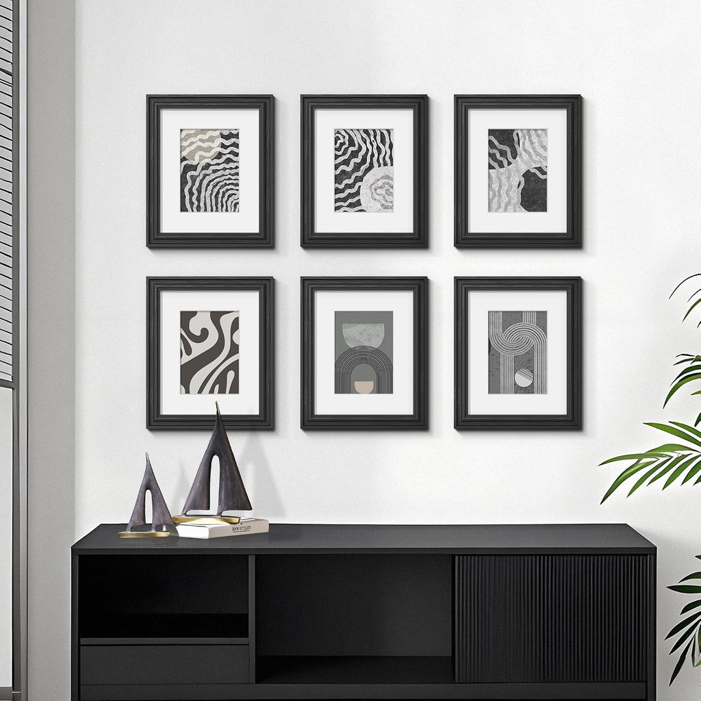 8x10 Picture Frame Set of 6, Wall or Tabletop, Black Woodgrain | Display 5x7 with Mat or 8x10 Without Mat, Horizontal