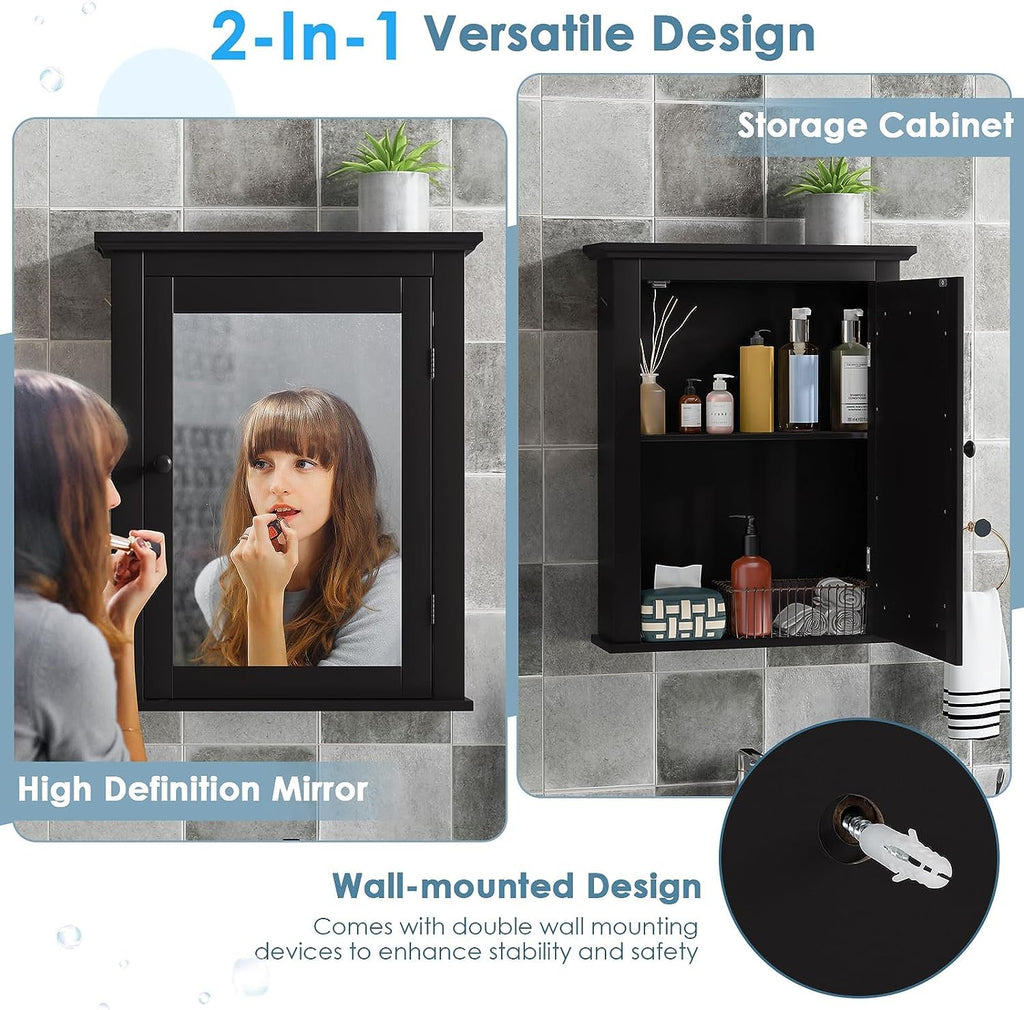 Black Medicine Cabinet Wall Mounted with Mirror Adjustable Storage
