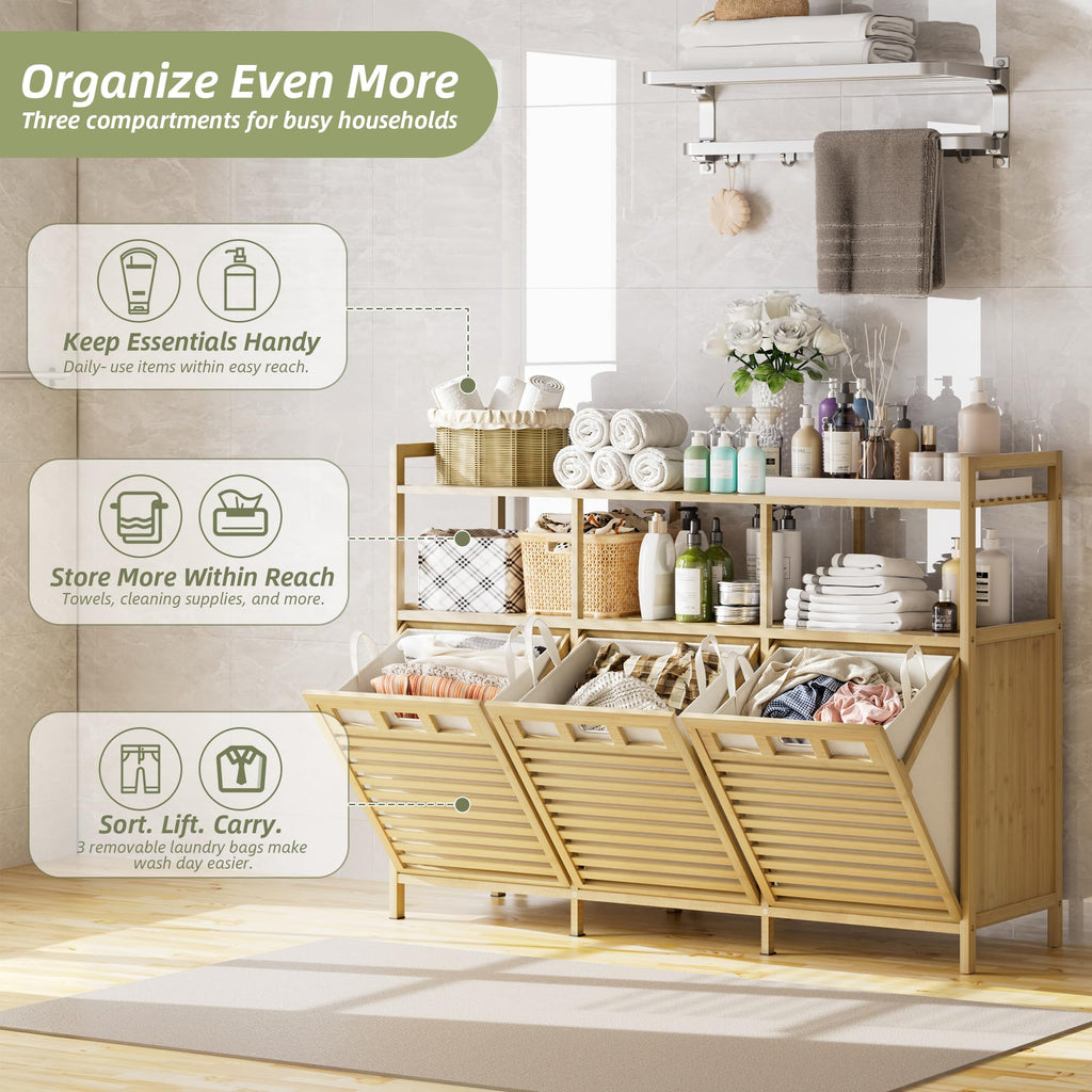 48 Gal Bamboo Tilt Out Laundry Hamper Cabinet with 3 Bag, Natural