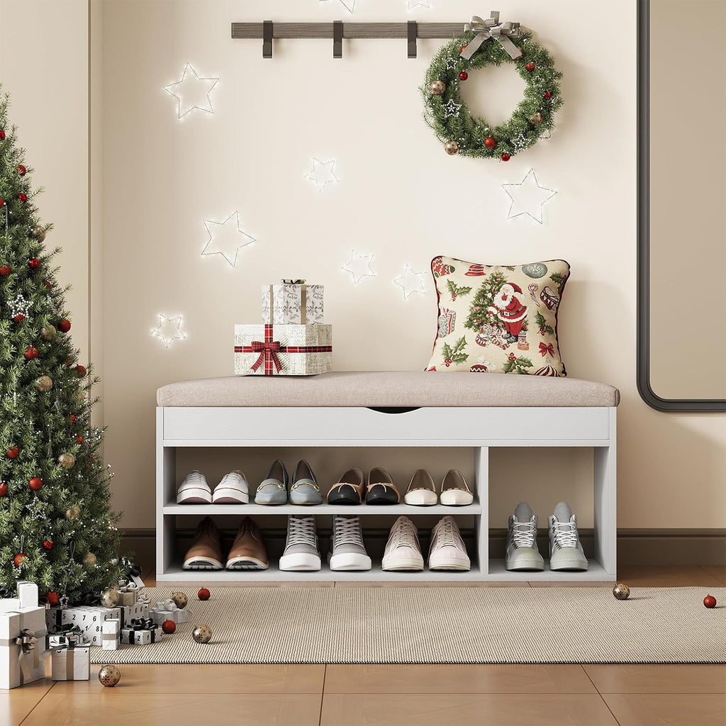 31 Inches Storage Bench with Padded Cushion, Shoe Bench with Storage Space, Upholstered Entryway Bench , 2-Tier Shoe