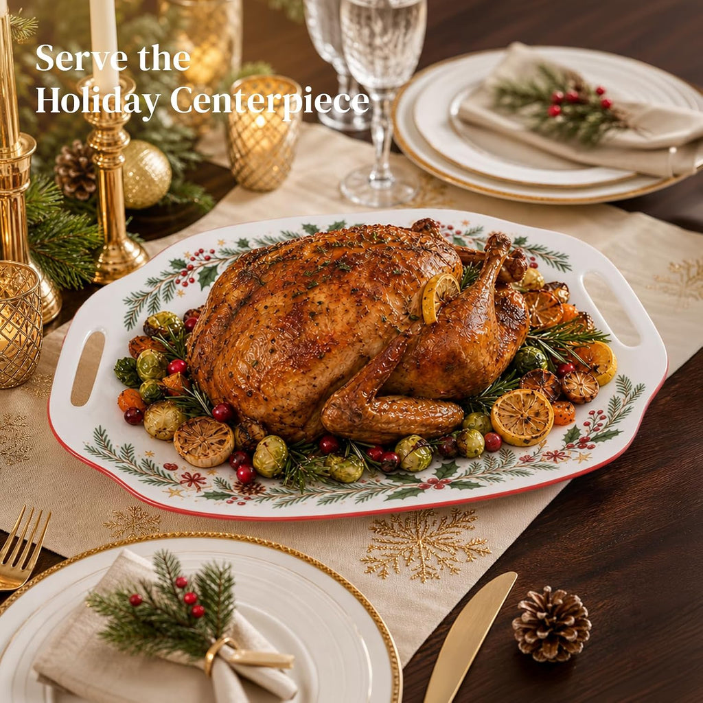 Christmas Serving Tray with Handles - 16.5 Inch Large Ceramic Platter for Turkey, Ham & Party Food, Rectangular