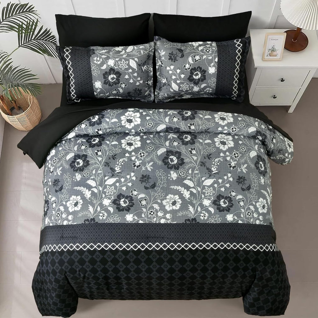 Black Comforter Set Queen, 7 Pieces Bed in a Bag Floral Geometric Patchwork Soft Microfiber Comforter Bedding Set with