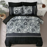 Black Comforter Set Queen, 7 Pieces Bed in a Bag Floral Geometric Patchwork Soft Microfiber Comforter Bedding Set with