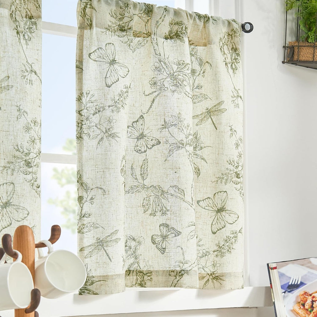 Green Floral Linen Kitchen Curtains 24 Inch Long, Linen Farmhouse Cafe Rustic Country Small Curtains Rod Pocket Tiers