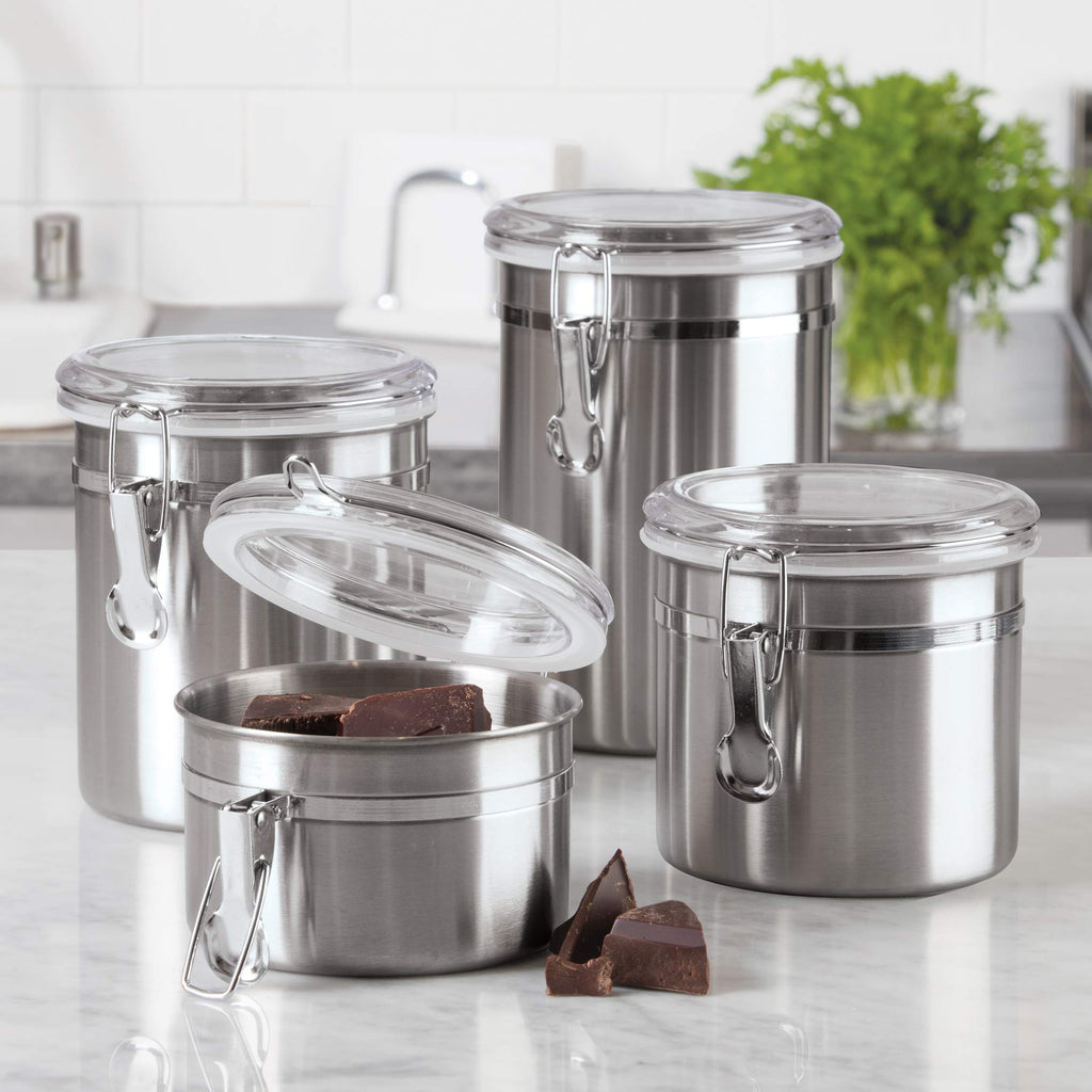Set of 4 Stainless Steel Kitchen Canisters - Airtight Clamp Lid, Clear See-Thru Top - Ideal Storage, Food Storage