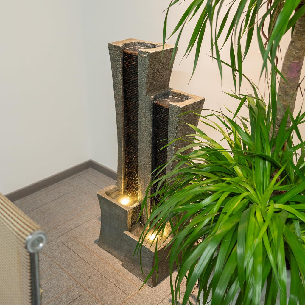 39.76" H Modern Outdoor Water Fountain with LED Lights Floor-Standing Cascading Waterfall with Dual Curved Columns for