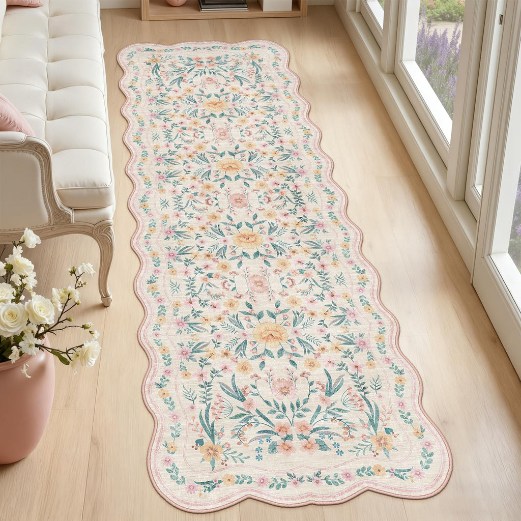 Scalloped Floral Runner Rug, Pink Washable Non-Slip Boho Hallway Rug, Soft Cute Carpet Runner, Laundry, Entryway