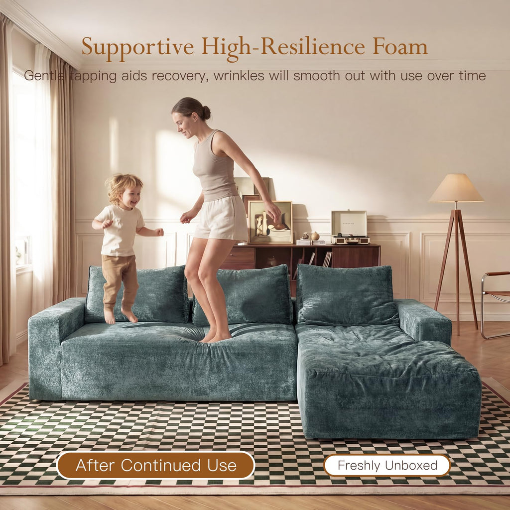 95" Boneless Couch, L-Shape Sectional with Right Chaise, Green