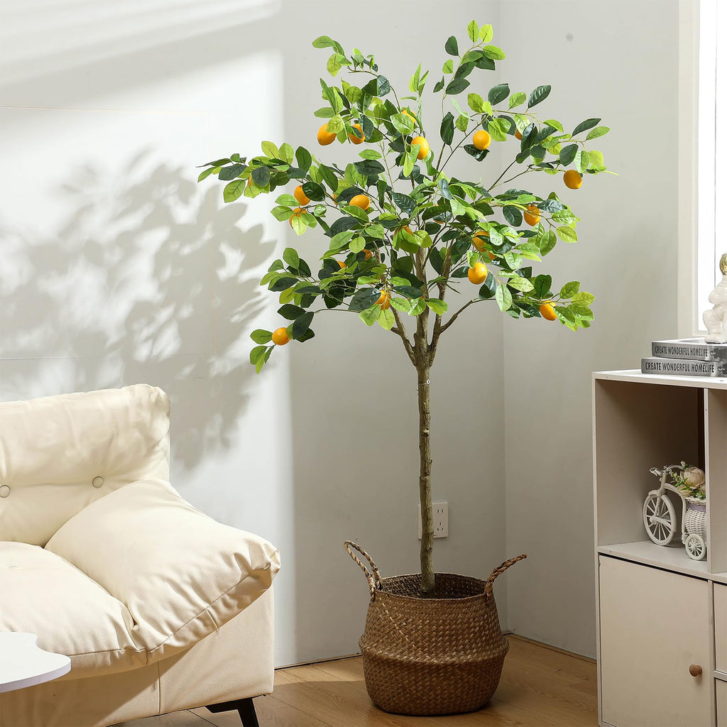 2 Pack Artificial Lemon Tree 5 ft Tall Fake Plant Pre Potted Faux Lemon Tree Realistic Fruits for Indoor Home Decor