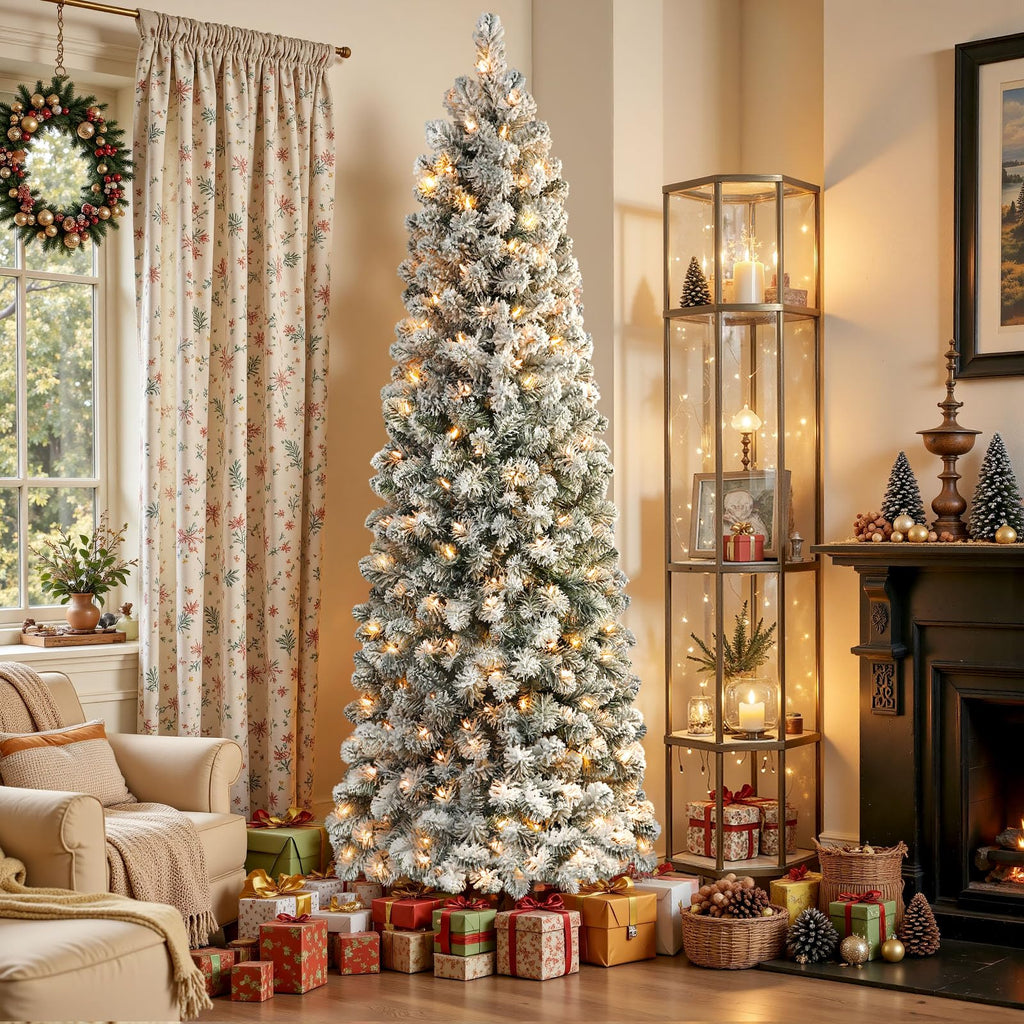 6.5ft Prelit Snow Flocked Artificial Slim Pencil Christmas Tree