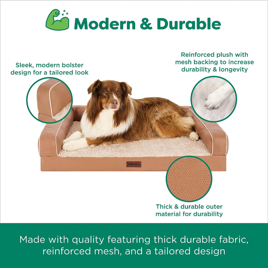 Orthopedic Dog Sofa Bed - Memory Foam Couch with Bolsters, Textured Plush & Water-Resistant Cover, Washable Cover