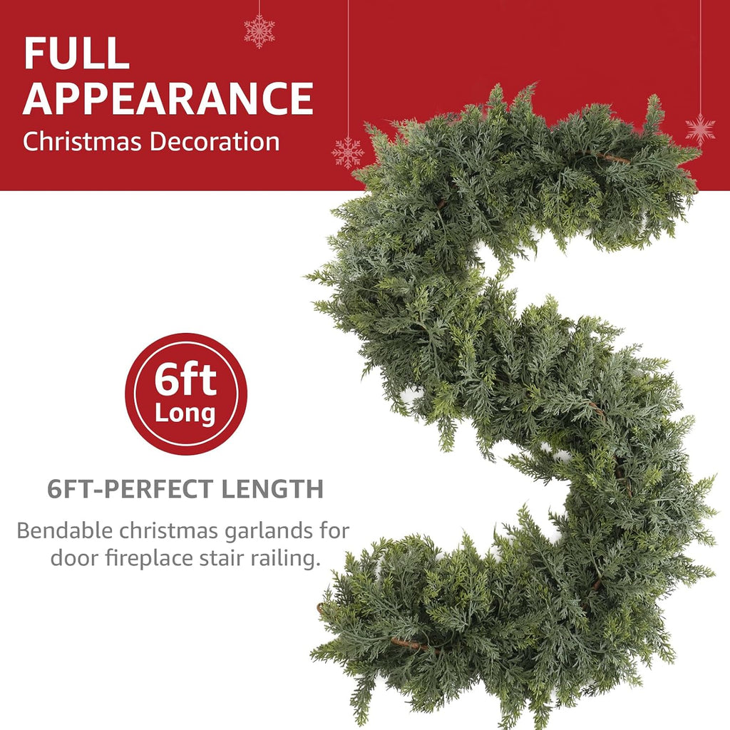 Cedar Christmas Garland with Lights for Mantle - Decorations 6 ft Realistic Lighted Faux Pine Garlands for Xmas Home