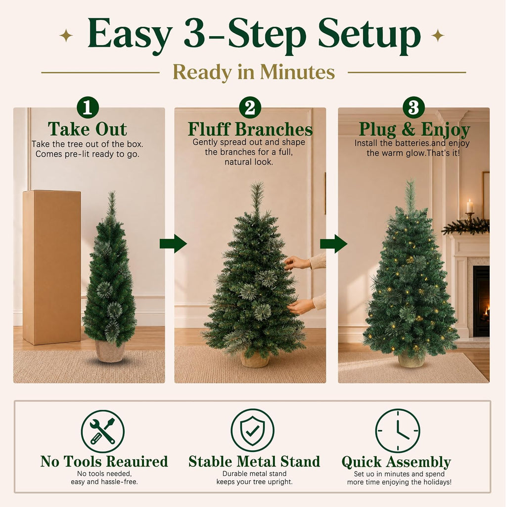 3ft Pre-Lit Artificial Mini Christmas Tree, Battery Operated Desk Xmas Tree
