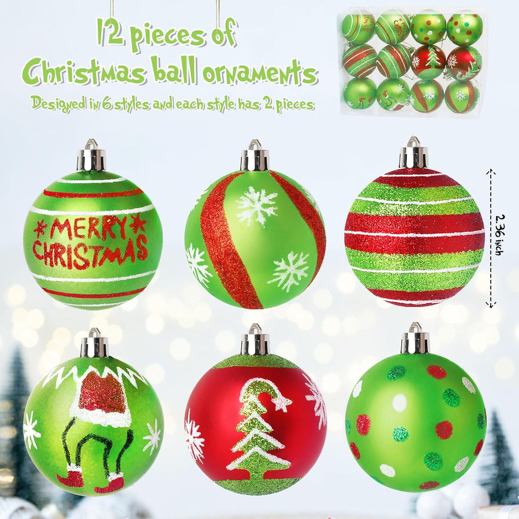2.4 Inch Christmas Ornaments,Red and Green Christmas Ornament - Set of 12