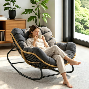 Oversized Papasan Rocking Chair with Extra Thick Cushion, Rattan Wicker Egg Chair for Indoor & Outdoor Use - Cozy