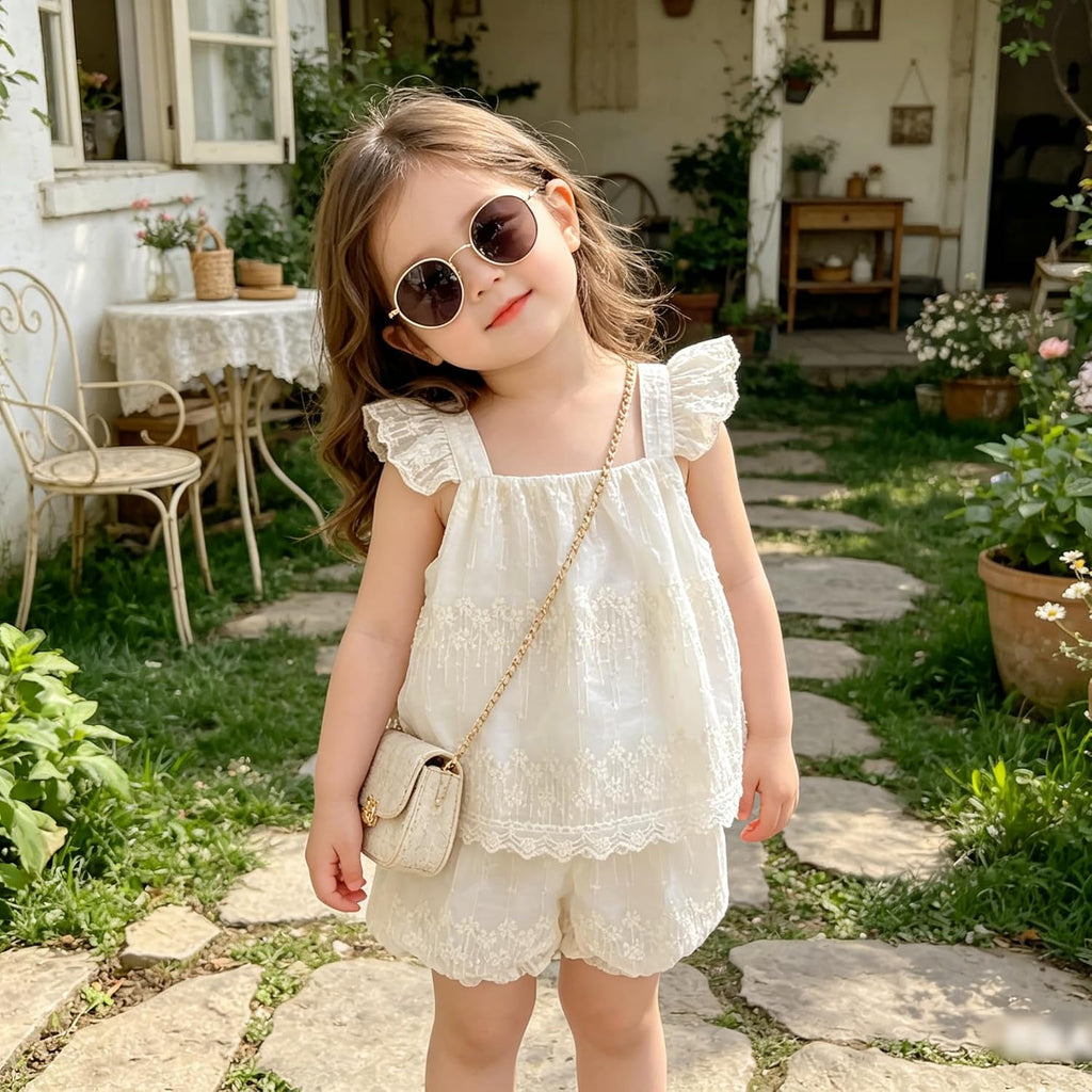 Toddler Baby Girl 2Pcs Lace Summer Outfit Sleeveless Ruffle Tops and Bloomer Shorts Set