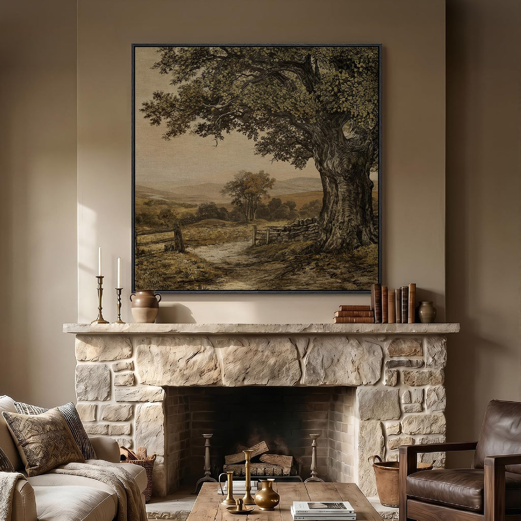 Extra Large Framed Vintage Tree Landscape Wall Art, Square