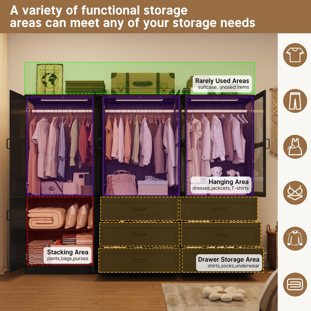75" Tall Farmhouse 6 Doors Armoire Wardrobe Closet with 6 Drawers and LED, Freestanding Closet Wardrobe Cabinet with