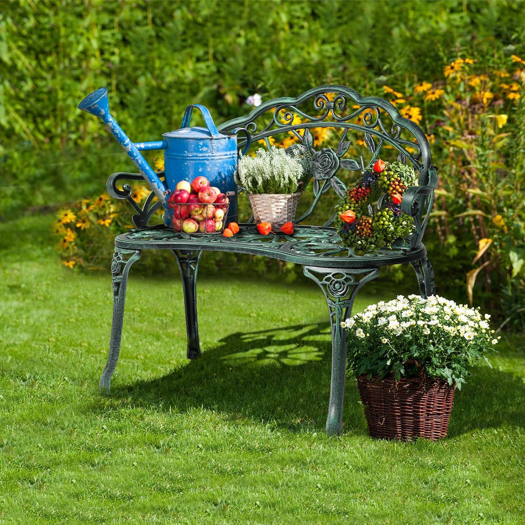 38.5" Patio Park Garden Outdoor Metal Rose Bench, 2-Person Cast Iron Cast Aluminium Frame Antique Finish