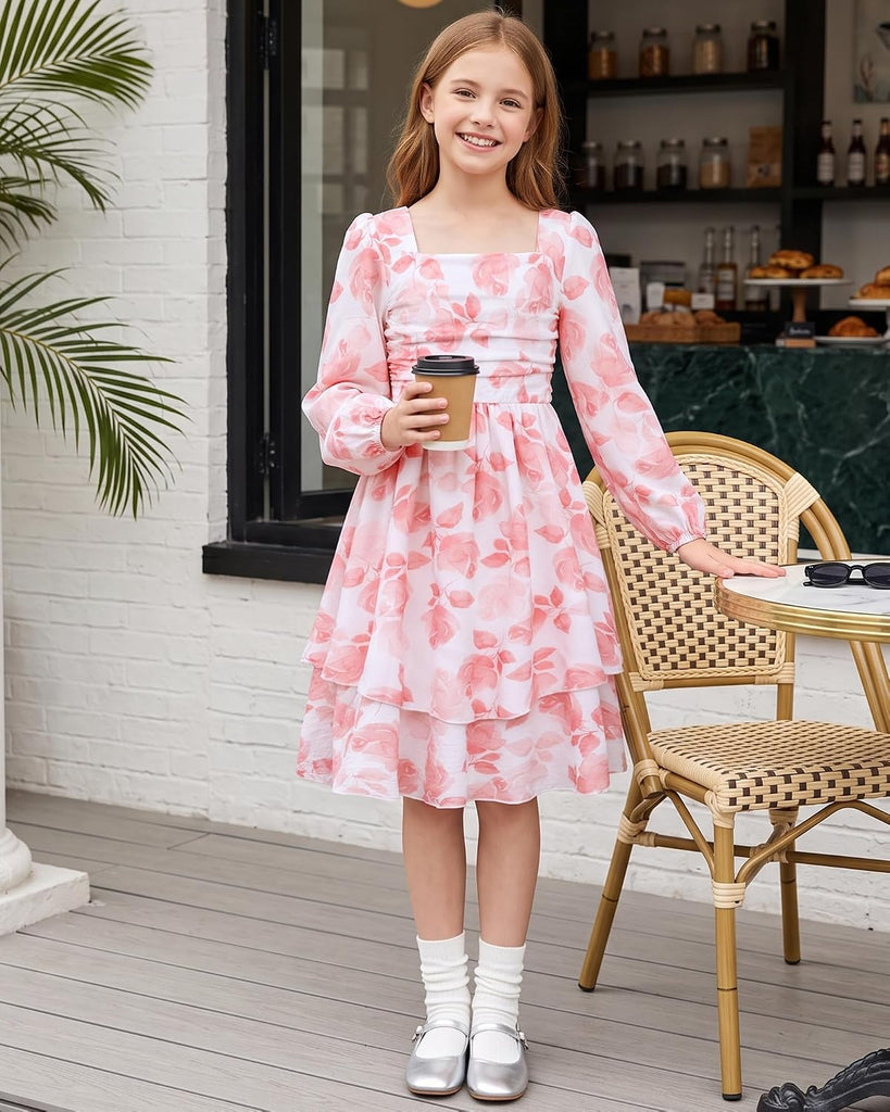 Girls Fall Dress Square Neck Puff Sleeve Ruffle Tiered A-Line