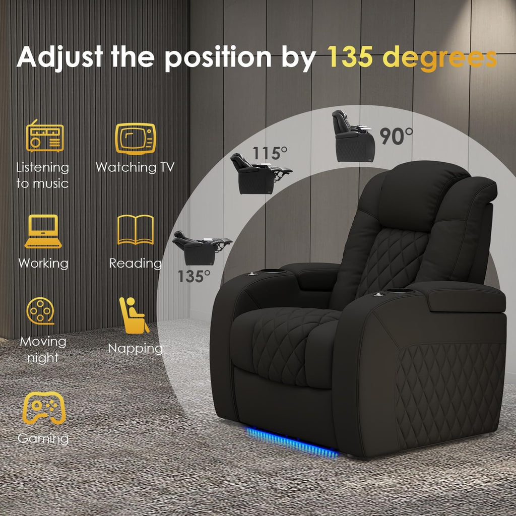 Home Theater Seating Genuine Leather Recliner Chair, Power Reclining & Headrest, USB A/C Charging Ports