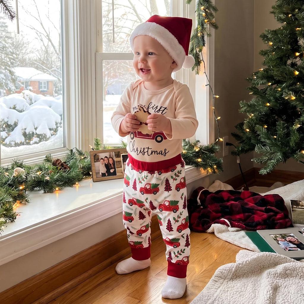 My First Christmas Baby Boy Outfit Romper Pants Hat (Red, )