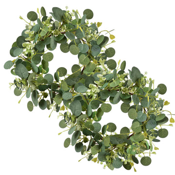 2PCS Green Eucalyptus Wreaths 12'' Artificial Spring Summer Eucalyptus Leaf Wreaths with Berries Farmhouse Front Door