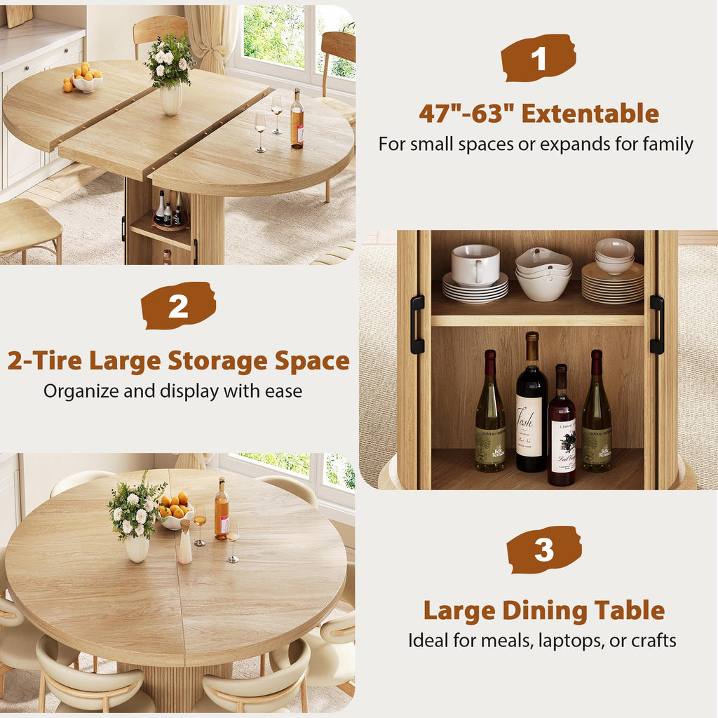 47′′-63′′ Extendable Round Kitchen Dining Room Table for 4-6 with 2-Tier Storage Shelf Dust-Proof, Space Saving