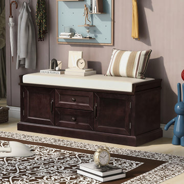 Rustic Storage Bench with 4 Doors 2 Draws Adjustable Shelves Removable Cushion Rectangular Cabinet Foot Rest Stool
